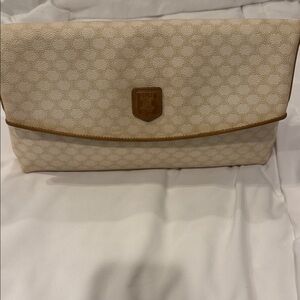 Celine Cream Monogram Fold-Over Clutch with Tan Trim